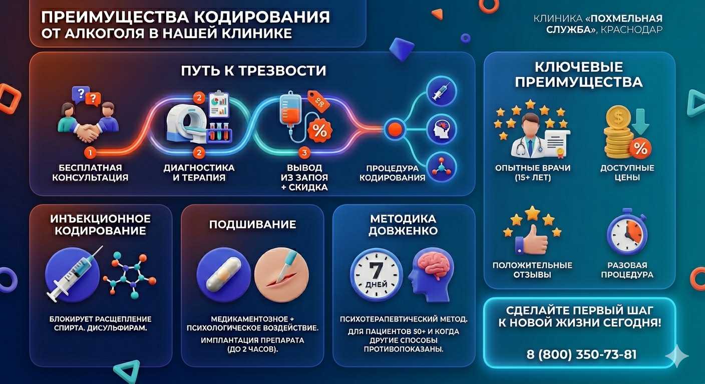 Инфографика о методах кодирования от алкоголя в Тальменке: инъекции, подшивание, метод Довженко. Преимущества клиники и этапы лечения.